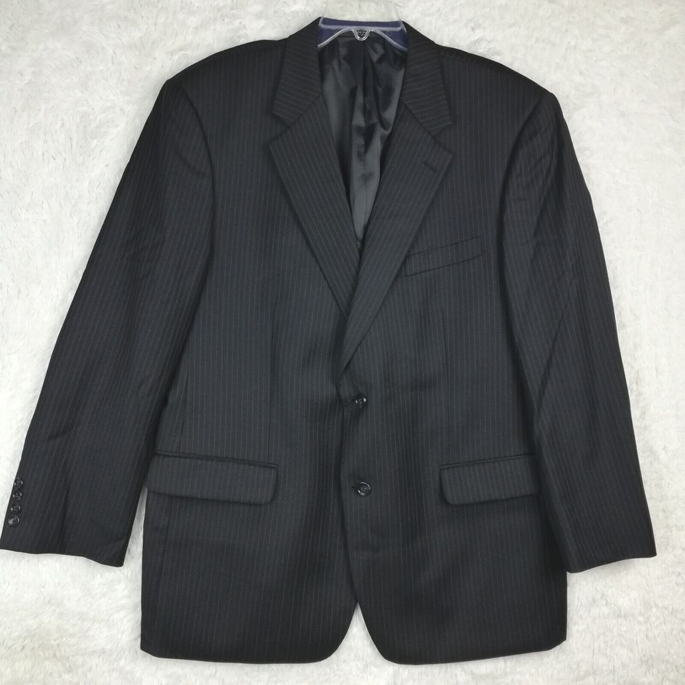 Evan Picone Mens Suit Jacket Wool Single Breasted Navy Pinstripe Business 46R